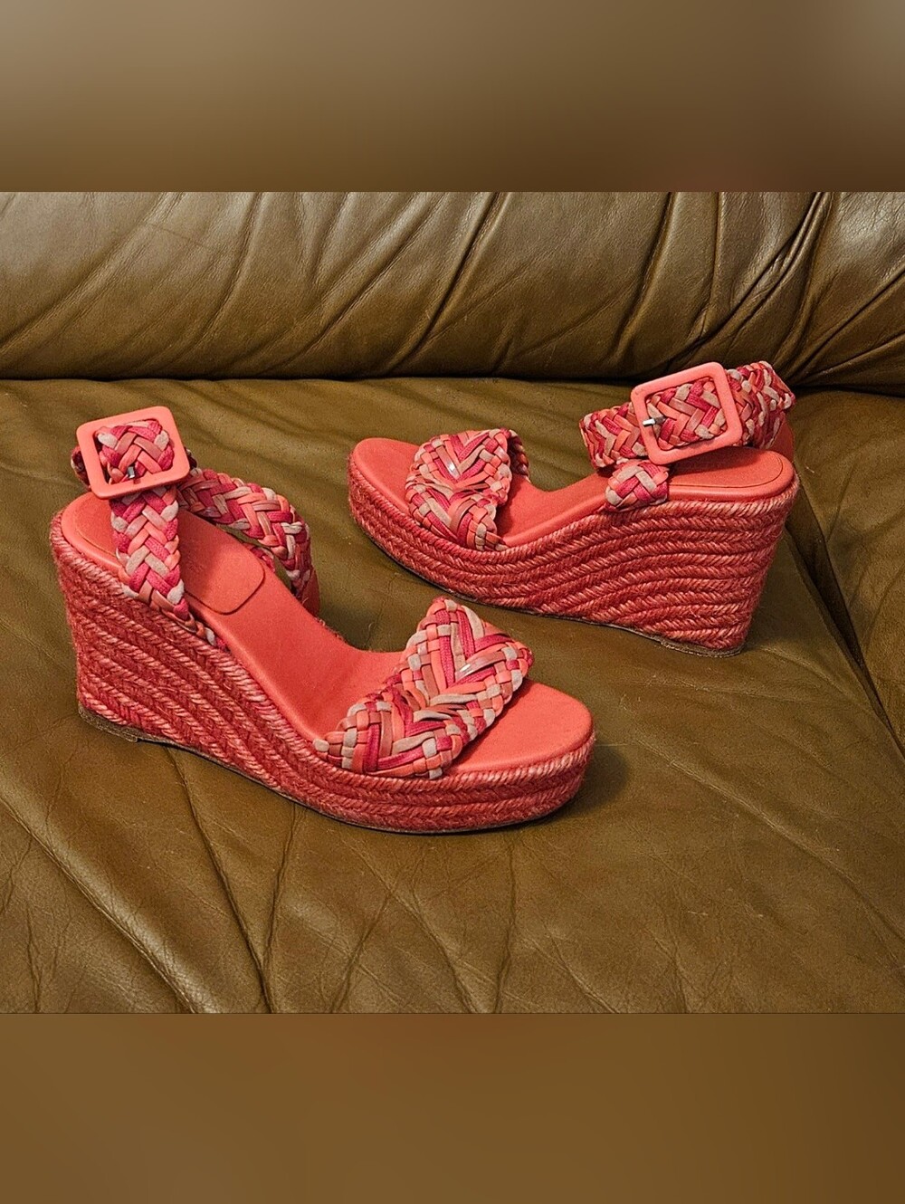 Hermes Coral Braided Espadrille Wedge Sandals Heels Size 5 US